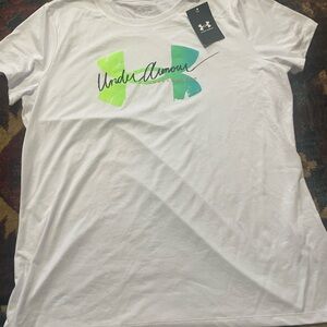 Under Armour White Tee with Green and Blue Logo
